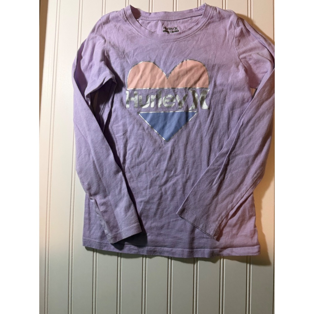 Hurley Girls Purple Long Sleeve Heart Graphic Logo Tee Shirt Size 7/8